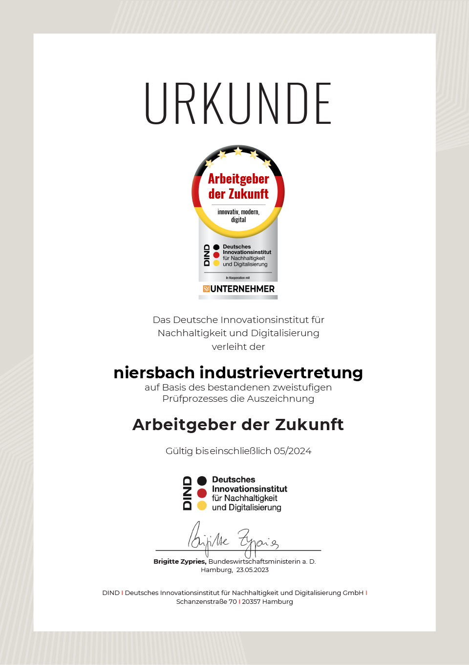 Urkunde - Arbeitsgeber der Zukunft - niersbach Industrievertretung